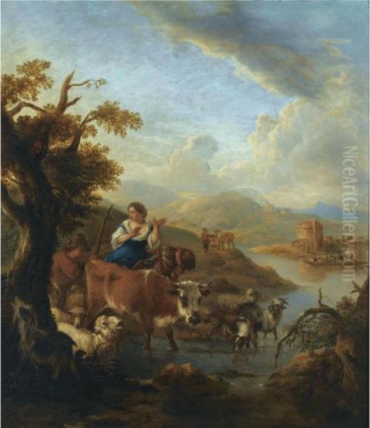 A Shepherd And A Shepherdess
With Their Herd Fording A River In An Italianate Landscape, A Tower In
The Distance - view 1