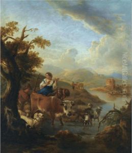 A Shepherd And A Shepherdess 
With Their Herd Fording A River In An Italianate Landscape, A Tower In 
The Distance