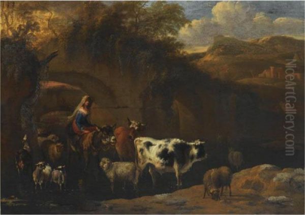 A Shepherdess With Her Herd Fording A Stream In An Italianate Landscape - view 1