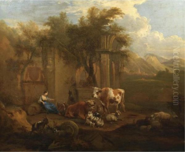 An Italianate Landscape With Drovers And Their Animals Resting Before Classical Ruins - view 1