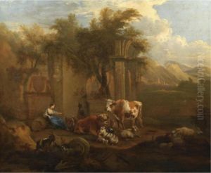 An Italianate Landscape With Drovers And Their Animals Resting Before Classical Ruins by Michiel Carre
