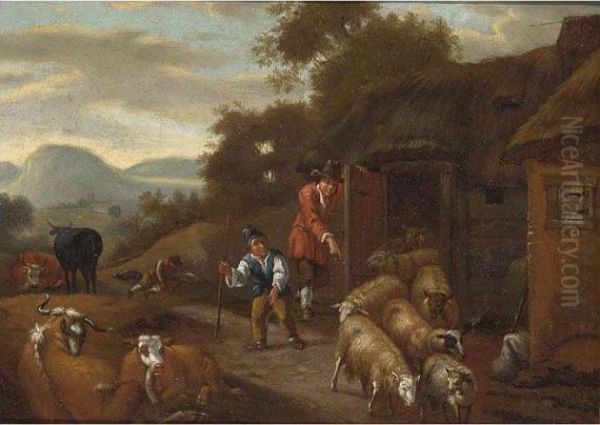 A Landscape With Shepherds Driving Sheep Out Of A Barn, Cattle In The Foreground;
A Landscape With A Shepherdess And A Sleeping Shepherd Together With Their Herd Near A Farmhouse - view 1