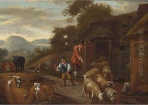 A Landscape With Shepherds Driving Sheep Out Of A Barn, Cattle In The Foreground;
A Landscape With A Shepherdess And A Sleeping Shepherd Together With Their Herd Near A Farmhouse by Michiel Carre
