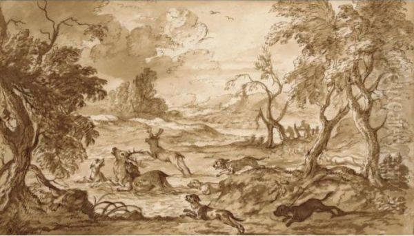 A Pack Of Dogs Chasing Two Stags Through Woodland - view 1