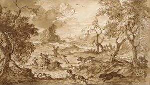 A Pack Of Dogs Chasing Two Stags Through Woodland by Michiel Carre