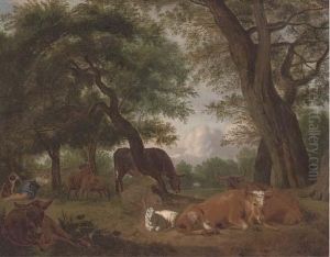 A Wooded Clearing With A Shepherd And Cattle Resting