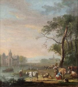 Slottslandskap Med Figurer Och Boskap
