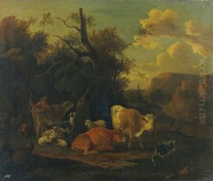 Le Repos Des Bergers Dans Un Paysage De La Campagne Romaine. by Michiel Carre