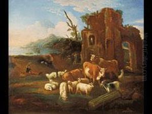 Herde Mit Hirte Vor Architektur
 Am Seeufer