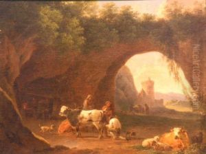 An Italianate Landscape With Cattle, Goats, Sheep And Figures Byclassical Ruins by Michiel Carre