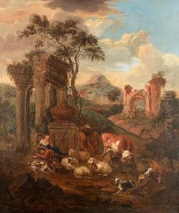 A Shepherd And Shepherdess With Sheep, Goats And Cattle Resting Before Ruins