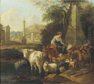 An Italianate Landscape With Shepherds And Their Cattle By Afountain