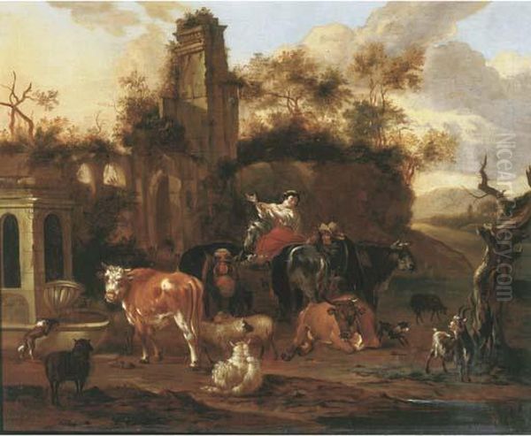 An Italianate Landscape With Shepherds And Their Cattle Near A Ruin - view 1