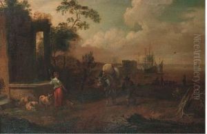 A Shepherdess And A Muleteer By A Wall, A Harbour Beyond by Michiel Carre