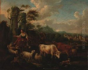 A Drover With Cattle, Sheep And A Dog Fording A Stream In Anitalianate Landscape
