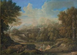 An Arcadian Landscape With A 
Burning City On A Cliff Beyond And Shepherds Resting In The Foreground