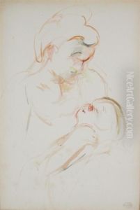 Femme La Tete Penchee Et Tete D'enfant Esquisse by Mary Cassatt