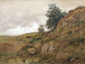 Hugelige Heidelandschaft Mit Zwei Figuren. by Gustave Castan