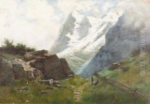 Sommerliche Gebirgslandschaft Im Wallis Mit Zweiwanderern. by Gustave Castan