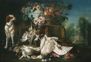 A Still Life In A Formal Garden
Setting With Fruit Spilling Out Of A Basket Set On A Stone Ledge, A
Spaniel And Dead Game On The Ground Beneath by Pieter Casteels