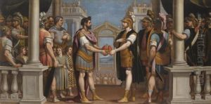 The Reconciliation Between Romulus And Titus Tatius, King Of The Sabines by Bernardo Castello