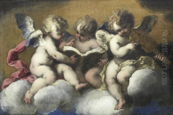 Three Putti Sitting On A Cloud Reading, Two Reading, One Playing A Violin - view 1