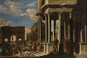An Architectural Capriccio With A Bacchanalian Procession