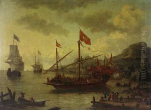 Venetian And Other Ships In A Mediterranean Harbour by Lorenzo A. Castro