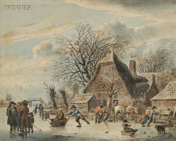 Skaters On A River Beside A Brick House - view 1