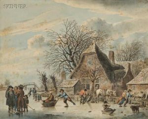 Skaters On A River Beside A Brick House