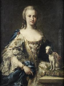 Portrait Of A Lady, Half-length,
 In An White Embroidered Dress And A Blue Sash, Standing Beside Her Dog