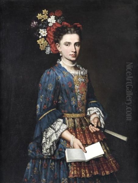 Portrait Of A Lady, Three-quarter-length, In A Blue Embroidered Dress, Holding A Fan - view 1