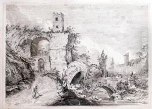 Paysage Anime D'italie Avec Ruine Et Pont
