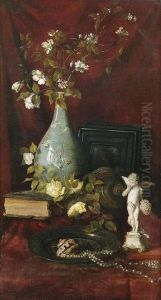 Stilleben Mit Blumen, Buchern, Perlenkette Und Statuette