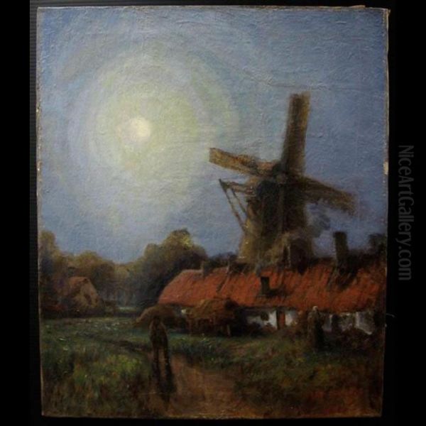 Figures By Windmill Under Moonlight - view 1