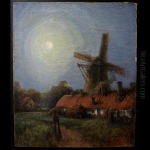 Figures By Windmill Under Moonlight by Georges Chavignaud