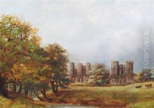 Cottage With Storm Approaching And Castle Ruins by Henry Cheadle