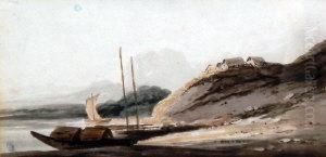 Beached Vessel With Cottages In A Tranquil Coastal Landscape Beached Vessel With Cottages In A Tranquil Coastal Landscape