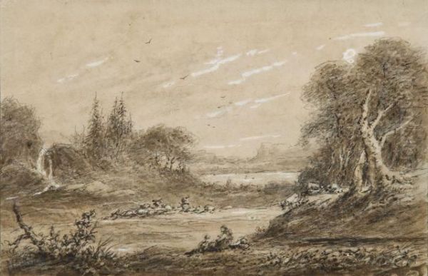 Berger Et Son Troupeau Dans Un Paysage Vallonne - view 1