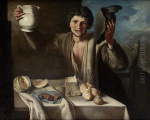 A Peasant Boy Seated At A Table, Holding A Jug by Giacomo Francesco Cipper