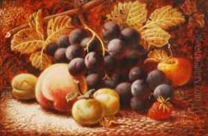 Black, White Grapes, Plums And Peaches On A Mossy Bank by Oliver Clare
