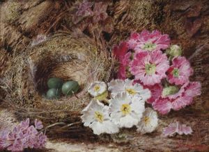 Primroses And A Bird's Nest On A Mossy Bank