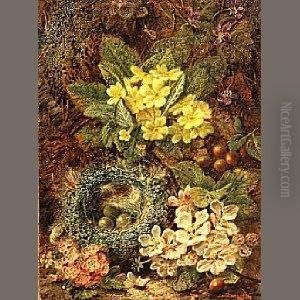A Still Life With A Bird's Nest And Wildflowers On A Mossy Bank by Oliver Clare