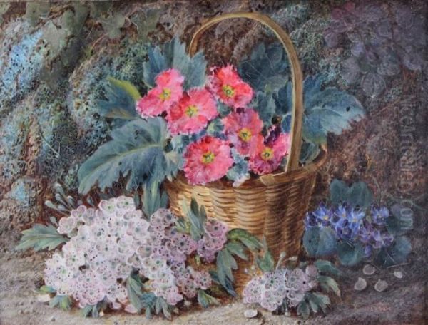 Primulas In A Basket With Blossom Grapes - view 1