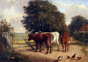 Cows And Chickens In Country Lane by Joseph Clark