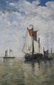 Rivierbocht Met Sloepen En Zeilschepen Rivierbocht Met Sloepen En Zeilschepen