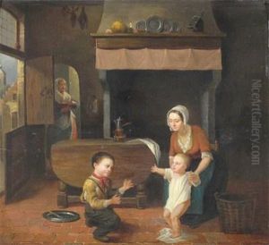 A Mother And Children In An Interior by Constantin Fidele Coene