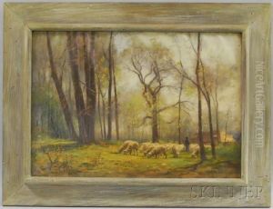 Sheep And Herder In A Forest Glade by Joseph Foxcroft Cole
