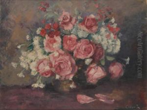 Vase Fleuri De Roses by Jean Roch Collon