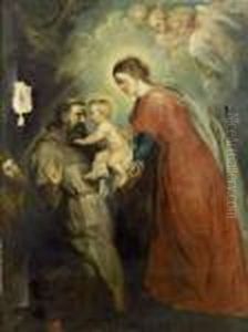 Saint Francois Recevant L'enfant Jesus Des Mains De La Vierge. by Leon Francois Comerre